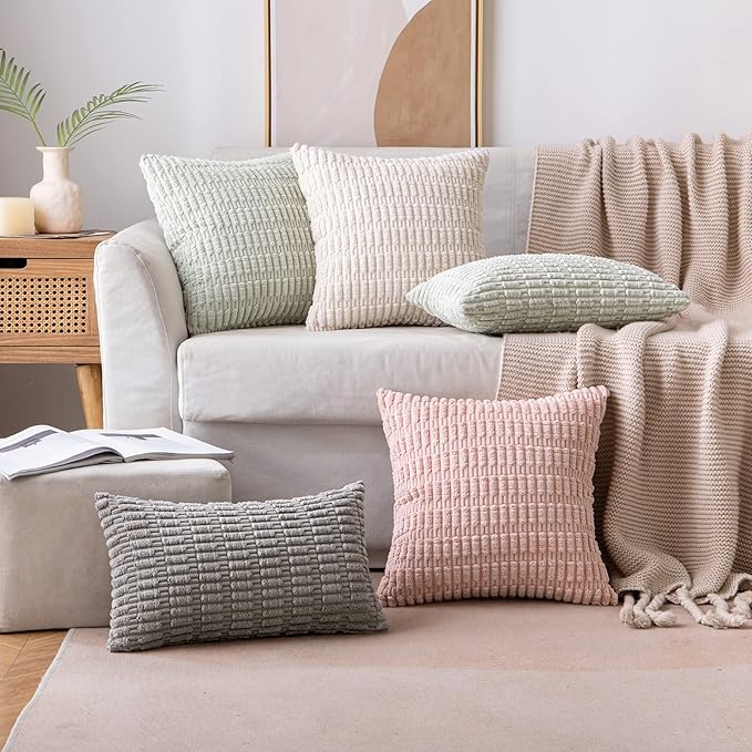 MIULEE Pack of 2 Corduroy Decorative Lumbar Throw Pillow Covers 20x12 Inch Soft Boho Striped Pillow Covers Modern Farmhouse Home Decor for Sofa Living Room Couch Bed Light Grey