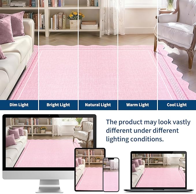 GarveeHome Scalloped Washable Pink Rugs for Bedroom Grils, 5x7 Living Room Rug Non Slip Playroom Rug Soft Non Shedding Bedroom Rugs Low Pile Stain Resistant Carpet for Nursery Dining Room, Pink