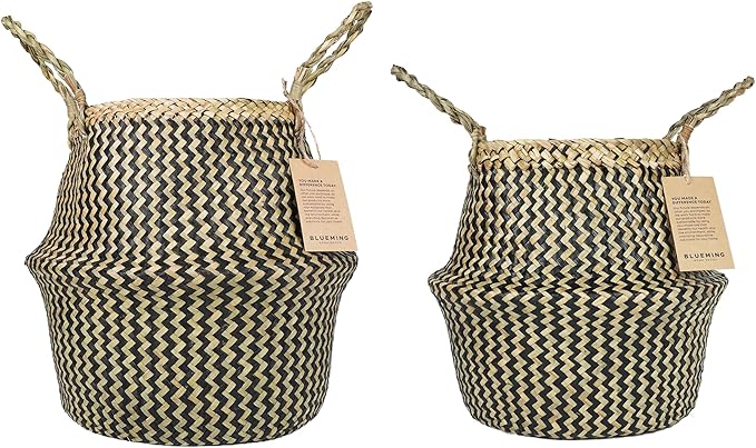 Plant Baskets – Large Seagrass Planter for Tall Indoor Faux Olive Tree, Woven Wicker Rattan Pot for Boho Decor 9-10 Inch (Black, Large & Medium)