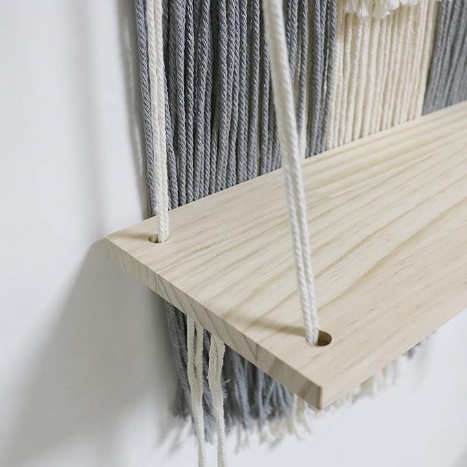 Macrame Wall Hanging Shelf Grey Floating Shelves Rope Shelf for Hanging Plants Grey Boho Decor for Bedroom Living Room,1 Tier