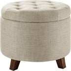 Amazon Basics Round Storage Ottoman Foot Rest, Button Tufted Upholstered Footstool with Storage, Sturdy Linen Fabric for Living Room and Bedroom, 20" x 17", Beige