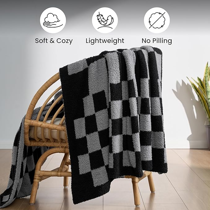 Joiedomi Throw Blanket for Couch, Black Grey Checkered Knitted Blankets Gifts for Women Mom Girls, Cozy Cute Soft Throw Home Room Decor Aesthetic Women Mothers Birthday Gifts 50x60 Inches