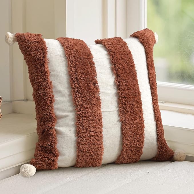 Boho Pillow Covers 18X18 Inch Boho Tufted Linen Throw Pillow Covers Decorative Pompoms Cushion Cover Farmhouse Pillow Case for Couch Sofa Bed Living Room Bedroom,Dark Rust