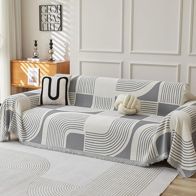 Boho Couch Cover Sofa Covers Washable, Chenille Couch Covers for 3 Cushion Couch Sofa Pet Friendly, Bohemian Sofa Slipcovers for Sectional Sofa, Loveseat, 2 3 4 Seater (71" x 134", Grey)