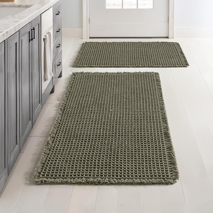 MIULEE Set of 2 Waffle Bathroom Rugs, Boho Bath Rugs Non Slip Washable, Super Absorbent Bath Mats, Ultra Soft Rubber Backed Shower Mats for Bathroom Floor, Tub, Green, 17"x24"+20"x32"