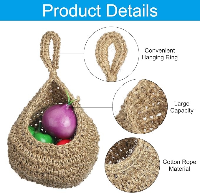 PATIKIL Hanging Fruit Baskets for Kitchen, Large Size Teardrop Home Decor Storage Hand-Woven Wall Hanging Basket for Garlic Potato Vegetable, Brown