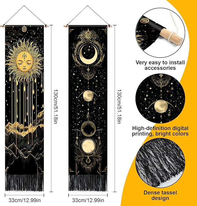 AOHMPT Pack of 2 Long Vertical Tapestry,Nature Landscape Tapestry with Serene Mountain River, Moon & Sun Motifs,Traditional Ink Painting Wall Art,Zen Aesthetic Wall Hanging for Living Room Bedroom Decor 13" W x 51" H"