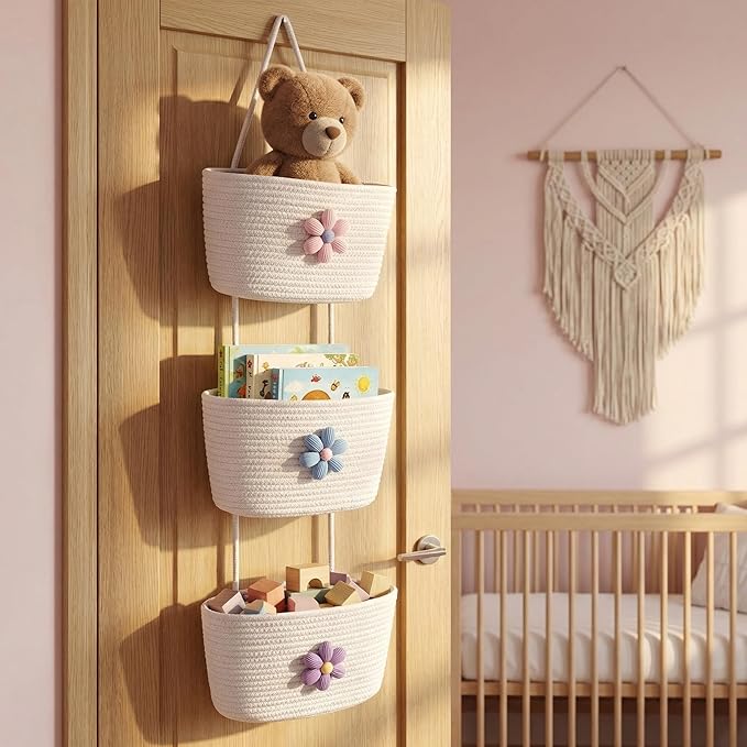 3 Tier Cotton Rope Hanging Wall Basket, Cute Flower Decor Wall Mounted Storage Organizer for Nursery, Bathroom, Kitchen, Kids Room, Boho Woven Hanging Shelf with 2 Hooks
