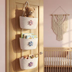 3 Tier Cotton Rope Hanging Wall Basket, Cute Flower Decor Wall Mounted Storage Organizer for Nursery, Bathroom, Kitchen, Kids Room, Boho Woven Hanging Shelf with 2 Hooks