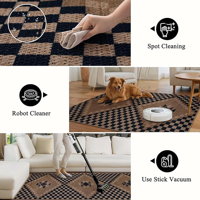LIVEBOX Easy Jute Washable Rugs 3x5, Modern Checkered Kitchen Rugs Non Slip, Ultra Thin Door Rug for Entryway Indoor, Farmhouse Black and Tan Rug for Outdoor Front Porch Patio Courtyard