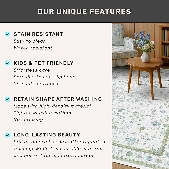 Blue and Green Living Room Rug 7x10 - Cream Oushak Vintage Boho Floral Farmhouse, Washable Low Pile Non-Slip Extra Large Area Rugs for Bedroom, Kids, Lounge