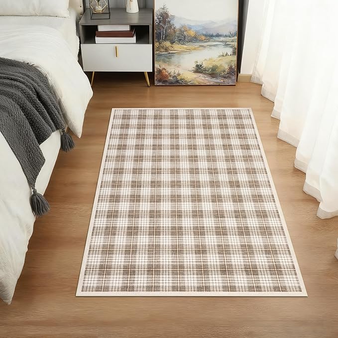 GarveeHome Checkered Rugs 2x3, Machine Washable Entryway Rug with Non Slip Backing, Stain Resistant Low-Pile Doormat for Indoor Outdoor Hallways Kitchen Bathroom Bedroom Beige