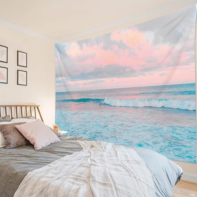 LB Ocean Pink Sky Tapestry, Teal Sea Ocean with Pink Cloud Wall Tapestry for Bedroom, Pastel Nature Landscape Wall Art for Living Room Home Decor, 48 x 36 Inches