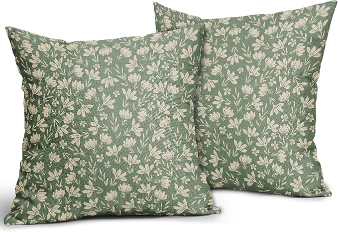 Spring Sage Green Pillow Covers 18x18 Set of 2 Vintage Floral Rustic Old Style Cute Flower French Print Decorative Outdoor Pillowcases Seasonal Farmhouse Throw Cushion Case Decor for Couch Sofa Bed