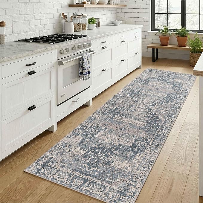 2x6 Runner Rug, Washable Kitchen Rugs, Blue Boho Vintage Floral Hallway Runner, Non Slip Low Pile Area Rug Carpet for Indoor Hallway, Kitchen, Laundry Room and Bathroom(Blue 2x6ft)