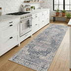 2x6 Runner Rug, Washable Kitchen Rugs, Blue Boho Vintage Floral Hallway Runner, Non Slip Low Pile Area Rug Carpet for Indoor Hallway, Kitchen, Laundry Room and Bathroom(Blue 2x6ft)