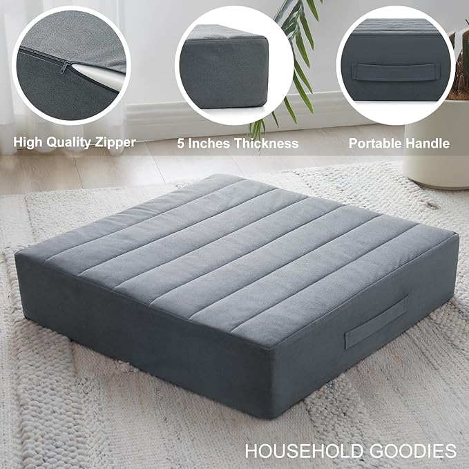 2 Pcs High Density Foam Floor Pillow - Upgraded Large Pillows Seating for Adults - Outdoor Floor Cushion with Soft Tufted Cover - Yoga Pillows for Sitting On Floor - 22 Inch Grey