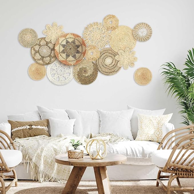 Xuhal 15 Pcs Boho Wall Basket Decor Handcrafted Seagrass Woven Wall Basket Rustic Round Woven Hanging Art for Home Farmhouse Kitchen Table Living Room(Classic Style)