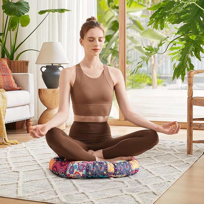 Codi Meditation Floor Pillow Set of 2, Boho Pillows Seating for Adults and Kids, Large Cushion for Yoga Living Room Tatami Sitting, Memory Foam Added, 22x22 Inch, Round Multi Patchwork