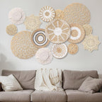 15 Pcs Boho Wall Basket Decor Woven Rattan Seagrass Wall Decor Hanging Rustic Farmhouse Western Art Decoration for Nursery Living Room Bedroom Home Kitchen(Grey White Style)