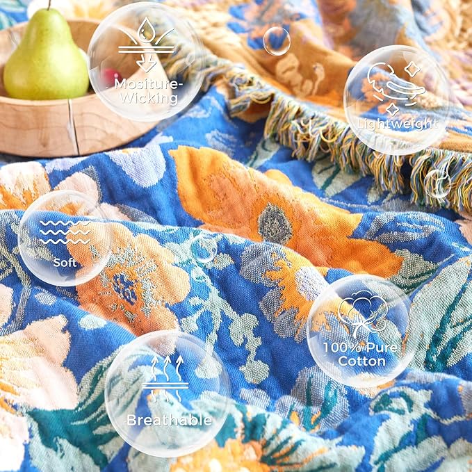 Boho Throw Blanket for Bed Cotton Spring Blankets for Bedroom Living Room Twin All Season Lightweight Floral Embroidery Quilt for Couch Sofa Chair 60"x80"