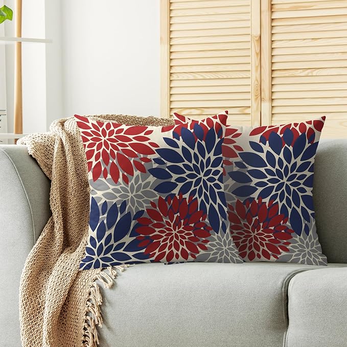 4th of July Pillow Covers 20X20 Inch Set of 2, Patriotic Blue Red Grey Modern Dahlia Floral Print Holiday Decorative Throw Pillow Covers Outdoor Farmhouse Cushion Case for Couch Sofa Bed Decor