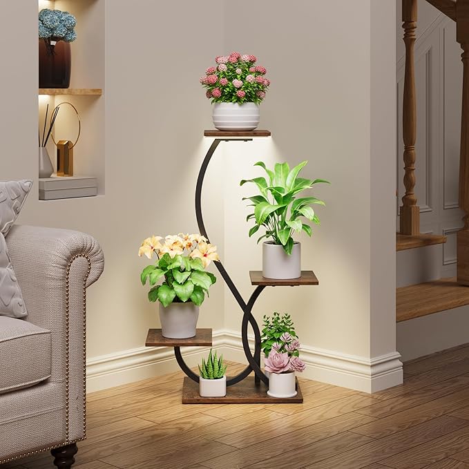 Plant Stand Indoor with Grow Lights - S-Shaped Plant Shelf, Lighted Corner Plant Stands for Indoor Growing, 32" Metal Flower Holder, 4 Tiered Decorative Shelves for Home, Hallway, Black