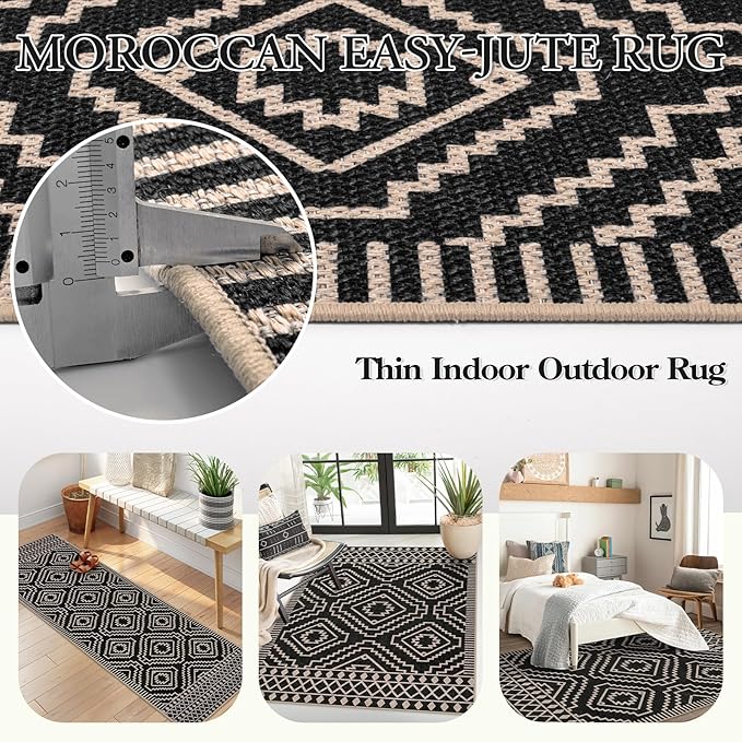 Lahome Bijou Moroccan Easy Jute Carpet, 5x7 Washable Rugs for Living Dining Room Indoor Outdoor Patio Rug, Farmhouse Non Slip Non Shedding Natural Black Carpet for Deck Backyard Entryway Classroom