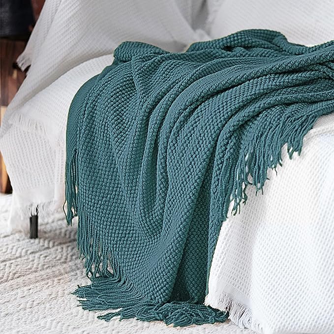 LOMAO Knitted Throw Blanket with Tassels Bubble Textured Soft Blanket Lightweight Warm Throw Blanket for Couch Cover Home Decor (Teal, 50x60)