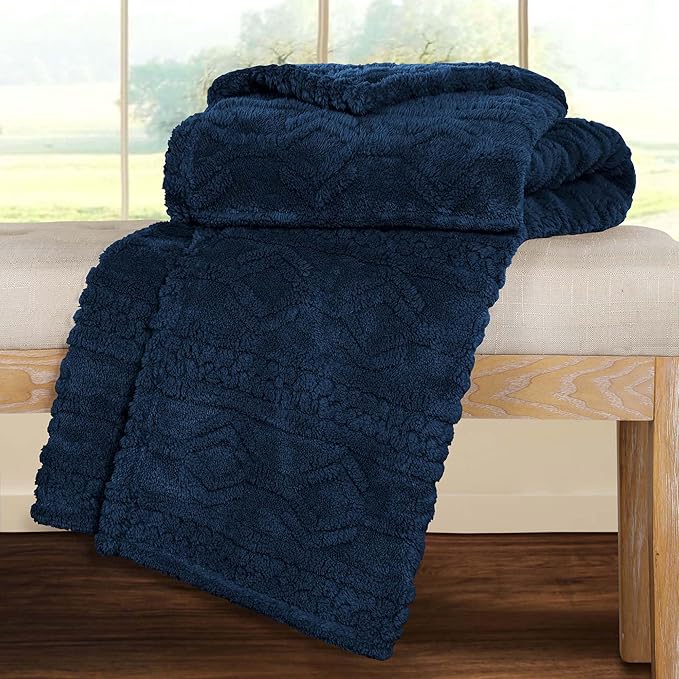 Superior Fleece Boho Jacquard Blanket, Decorative Blankets for Bedroom, Sofa, Fuzzy, Plush, Fluffy, Soft, Cute Room Decor, Beautiful Cover, Comfort Essentials, Arctic Collection, Throw XL, Navy Blue