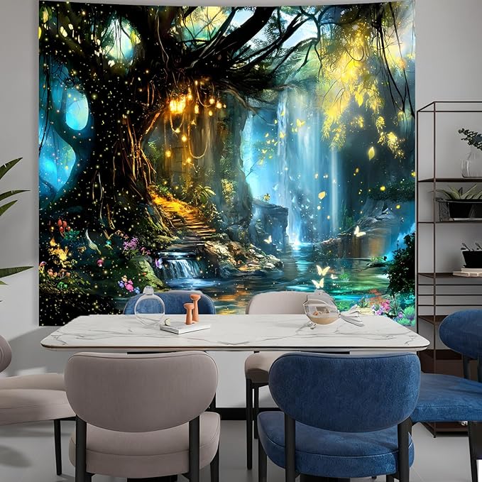 Apdidl Forest Nature Tapestry for Bedroom, Tree of Life Fantasy Backdrop Wall Mural Tapestries, Fairy Tales Magical Waterfall Landscape Large Tree Butterfly Wall Hanging for Living Room Decor 51"X60"