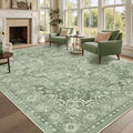 8x10 Sage Green Rugs for Living Room, Modern Vintage Medallion Washable Large Rug for Playroom Bedroom, Cozy Cottagecore Low Pile Thin Soft Carpet Rugs for Dining Room Soft Green