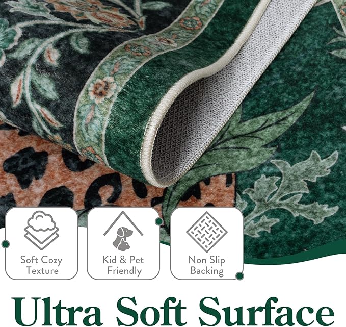 Moynesa Leopard 5x7 Area Rug, Boho Washable Living Room Rug, Non Slip Rugs for Bedroom, Ultra Thin Soft Animal Print Throw Floor Carpet for Office Dining Room, Green
