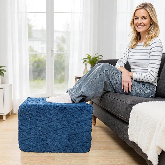 Fluffy Square Ottoman Pouf with All-in-One Foam Filling 20 x 14 Inches Furry Ottoman Foot Rest Foot Stool for Living Room or Bedroom (Navy)