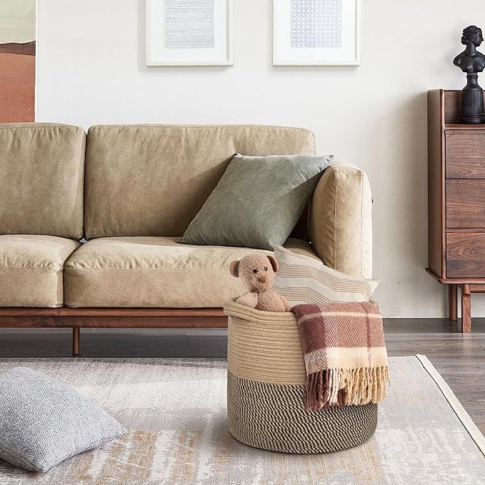 Large Wicker Storage Basket, 16" x 14" Woven Baskets for Storage, Blanket Storage for Living Room, Big Round Wicker Bin for Laundry, Pillows, Towels, Shoes, Dog Kids Toy Box, Home Decor