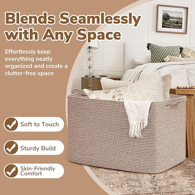 Goodpick 105L Large Woven Storage Basket, Rectangle Cotton Rope Basket for Blankets, Clothes, Oversized Toy Storage Organizer for Living Room, Nursery, 25"x16"x16", Brown