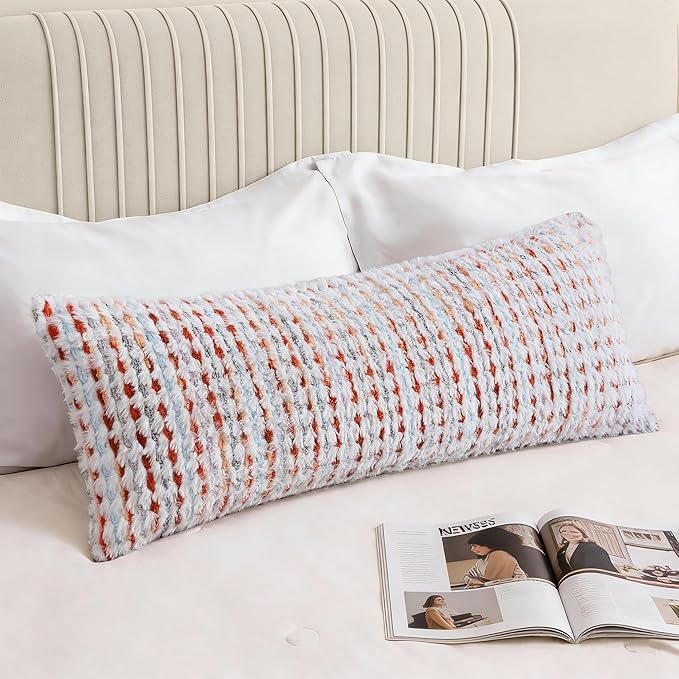 Boho Chenille Tufted Pillow Cover 14x36 Inch Set of 1, Farmhouse Striped Decorative Pillow Covers Accent Fluffy Neutral Long Body Bolster Pillow for Couch Sofa Bedroom Living Room, Orange