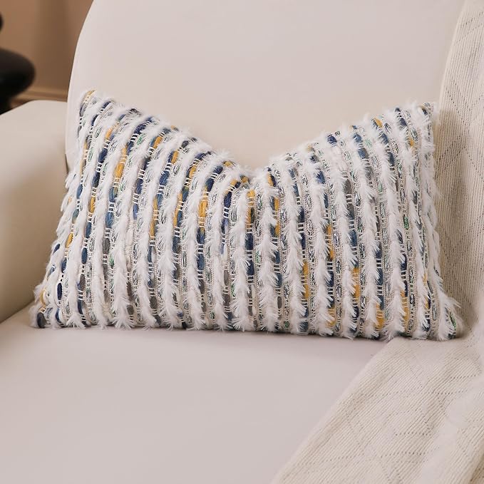 Boho Lumbar Pillow Cover 12x20 Inch Pack of 1 Farmhouse Rectangle Decorative Couch Throw Pillow Cover Mixed Blue Chenille Tufted Striped Pillowcase for Living Room Sofa Bed
