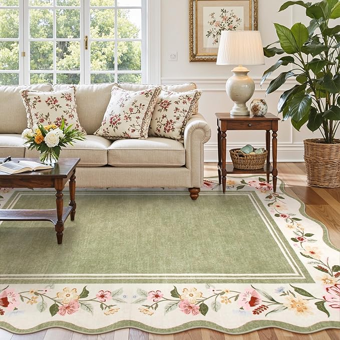 Lahome Floral Scalloped Rug 5x7, Green Rugs for Living Room Ultra-Thin, Vintage Boho Washable Area Rug 5x7 Soft Bedroom Rugs Non-Slip Throw Carpet for Farmhouse Dining Room Playroom Ariele