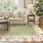 Lahome Floral Scalloped Rug 5x7, Green Rugs for Living Room Ultra-Thin, Vintage Boho Washable Area Rug 5x7 Soft Bedroom Rugs Non-Slip Throw Carpet for Farmhouse Dining Room Playroom Ariele