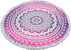 Round Beach Tapestry Turquoise Mandala Throw/Boho Hippie Beach Blanket Roundie/Indian Cotton Bohemian Large Round Table Cloth-Home Decor/Yoga Mat Meditation Picnic Rug (70", Pink and White)