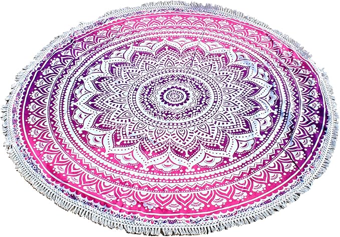 Round Beach Tapestry Turquoise Mandala Throw/Boho Hippie Beach Blanket Roundie/Indian Cotton Bohemian Large Round Table Cloth-Home Decor/Yoga Mat Meditation Picnic Rug (70", Pink and White)