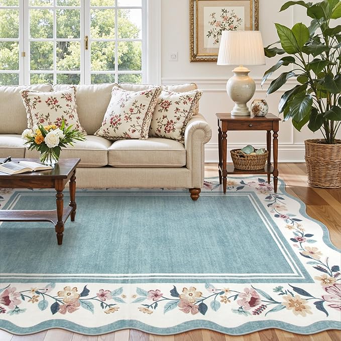 Lahome Floral Area Rug for Living Room, Washable Rugs 5x7 Soft Low Pile Scalloped Large Rugs for Bedroom, Farmhouse, Dining Room, Kids, Ariele Blue