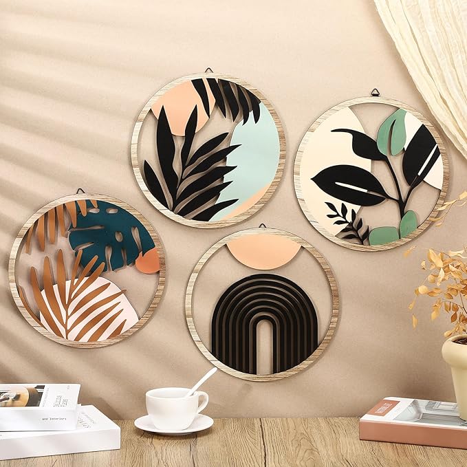 Qunclay 4 Pcs Boho Wall Art Bohemian Wooden Round Circle Wall Decor Hollow out Hanging Farmhouse Aesthetic for Bedroom Living Room Bathroom Bedroom Bathroom Patio Apartment Gift 10 Inch(Elegant)