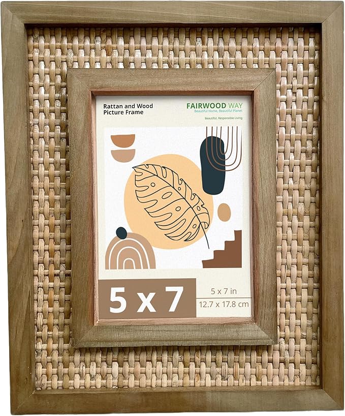 5x7 Picture Frame Handwoven Rattan (9.5"x11.5" Outer) - Fits 5"x7" Photos - Sawtooth Wall Hanger & Tabletop Stand - Natural Coastal Display