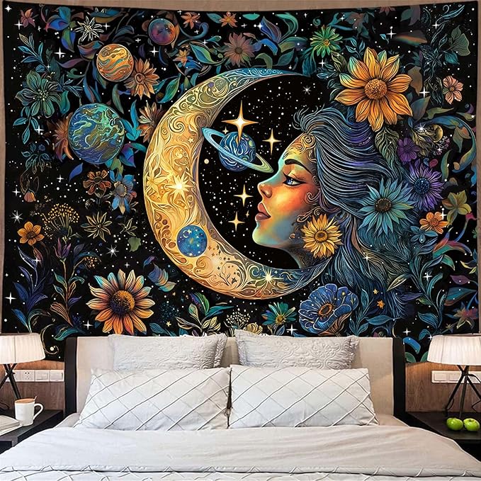 Accnicc Sun and Moon Tapestry for Bedroom Hippie Boho Floral Flower Plant Wall Tapestry Aesthetic Vintage Celestial Spiritual Extra Large Tapestries Wall Hanging for Living Room Dorm 90 x 68 Inch