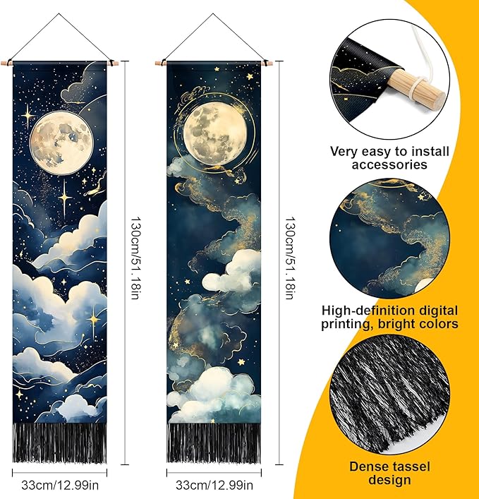 AOHMPT Pack of 2 Long Vertical Tapestry,Nature Landscape Tapestry with Serene Mountain River, Moon & Sun Motifs,Traditional Ink Painting Wall Art , Zen Aesthetic Wall Hanging for Living Room Bedroom Decor 13" W x 51" H"