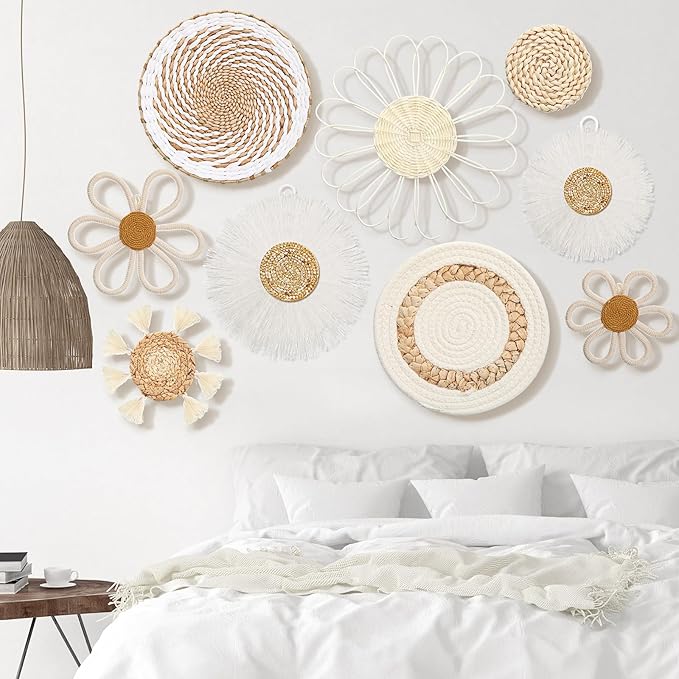 Chunful 9 Pcs Boho Nursery Wall Decor Daisy Flower Woven Macrame Seagrass Rattan Basket Wall Hanging Bohemian Decorations Gifts for Home Dorm Art Farmhouse Bedrooms Living Room(White)