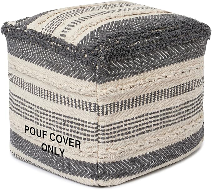 REDEARTH · UNSTUFFED Pouf Ottoman Cover Textured Cube Bean Bag Poof Pouffe Footrest for Living Room, Bedroom, Patio, Gym; 100% Cotton (18"X18"X18", Precis Descant Gray)