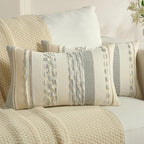 FUTEI Grey Blue White Decorative Throw Pillow Covers 12x20 Inch Set of 2, Soft Tufted Striped Textured Accent Pillow Case,Boho Pillows for Couch Decor